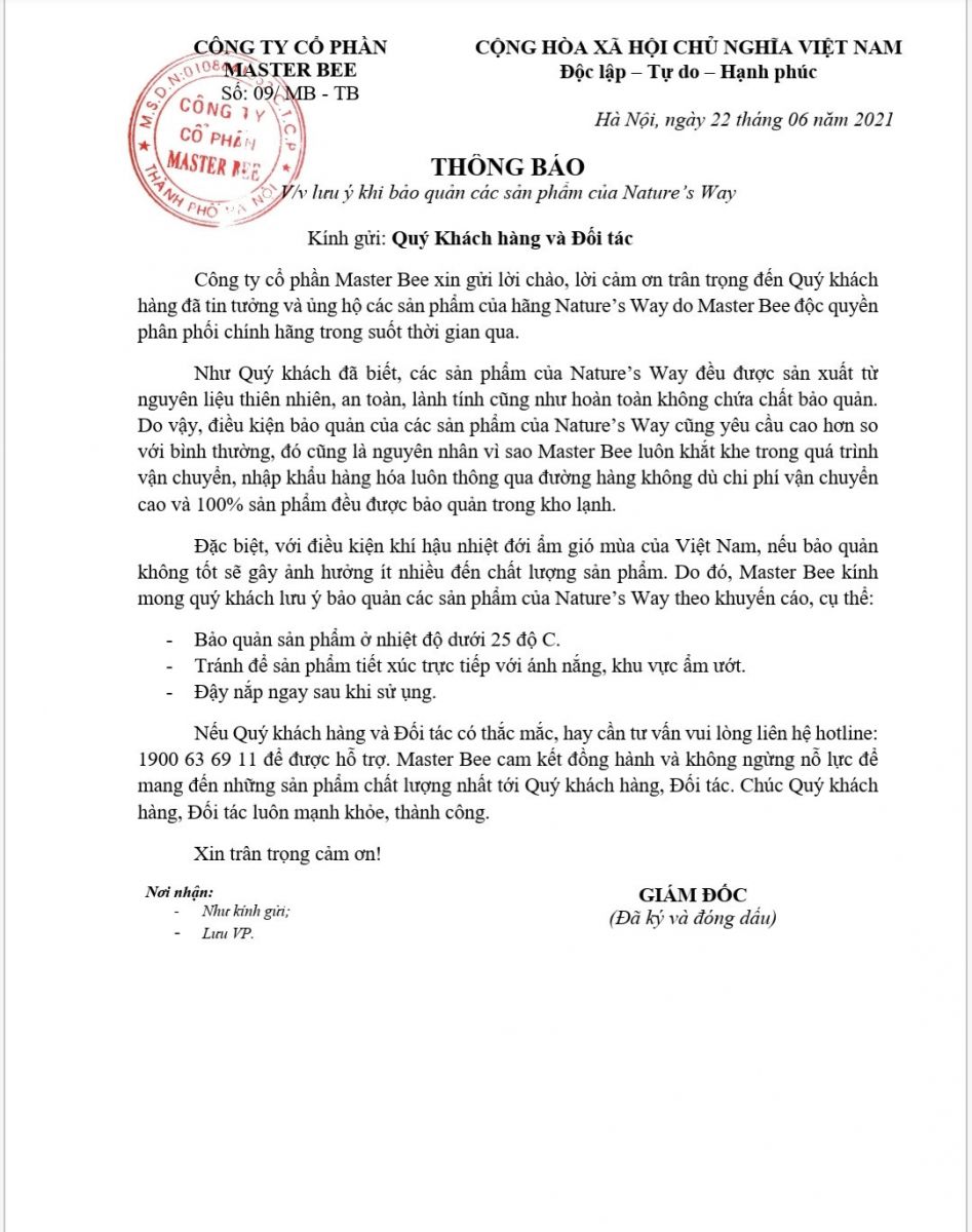 Thông báo về việc bảo quản sản phẩm của Nature's Way