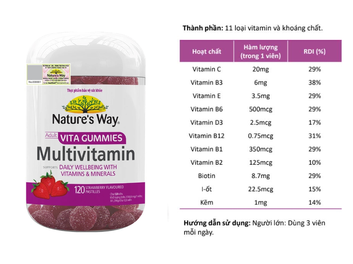 Nature’s Way Vita Gumies Multivitamin – Bổ sung vitamin và khoáng chất thiết yếu cho cơ thể (Hộp 120 viên)