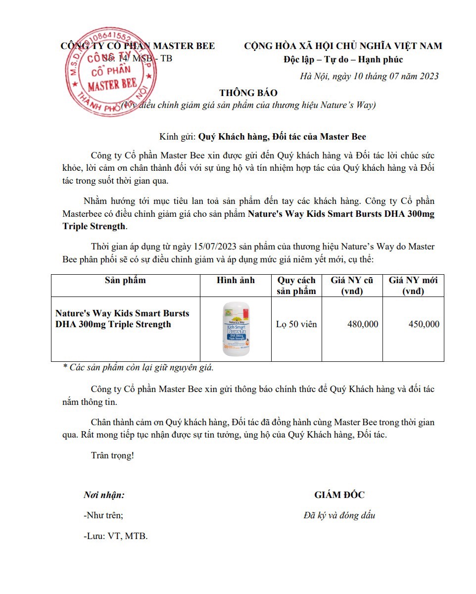 Thông báo: Điều chỉnh giá sản phẩm Nature's Way Kids Smart Bursts DHA 300mg Triple Strength