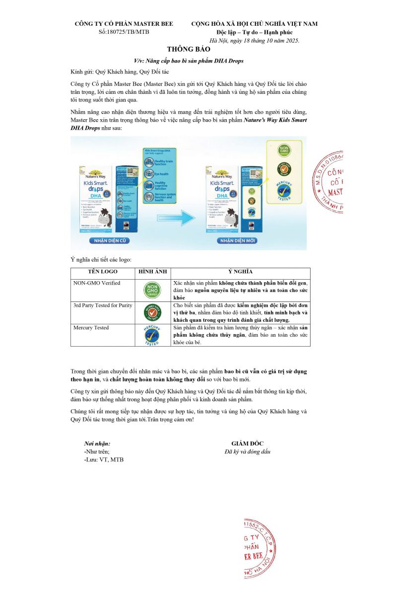 Thông báo thay đổi bao bì sản phẩm DHA Drops