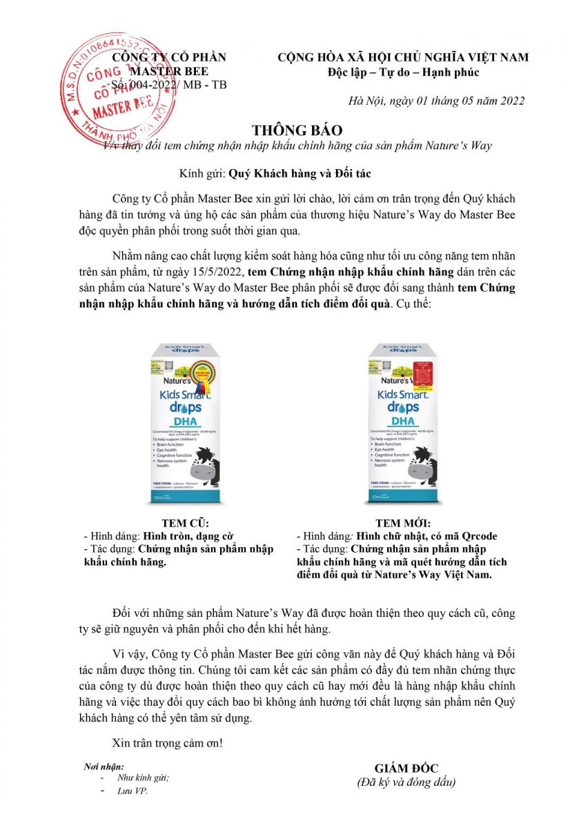 Thông báo: Thay đổi tem nhập khẩu chính hãng của sản phẩm Nature’s Way
