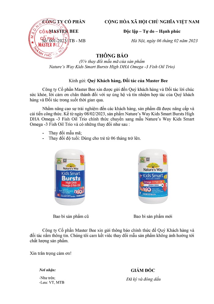 Thông báo: Thay đổi mẫu mã sản phẩm Nature'S Way Kids Smart Bursts High DHA Omega-3 Fish Oil Trio