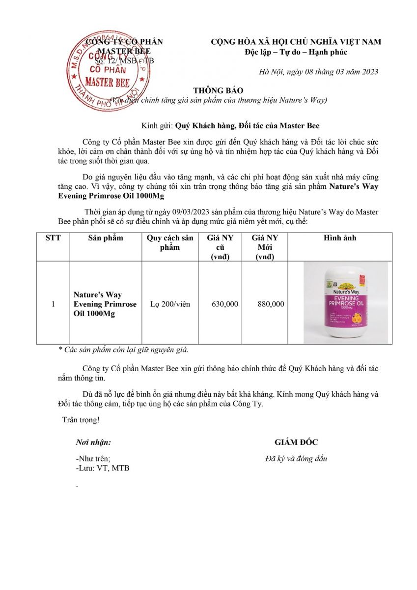 Thông báo điều chỉnh giá sản phẩm Nature's Way Evening Primrose Oil 1000mg